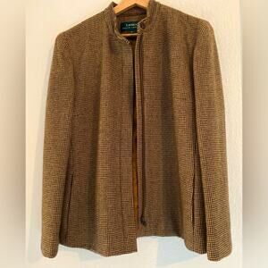 VTG Ralph Lauren wool tweed plaid zipper mandarin collar Jacket blazer brown 10